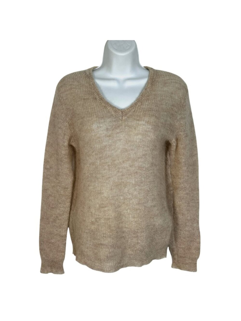 Maison De Reefur Open Knit Mohair Sweater V-Neck Pullover Tan Neutral 38c Small